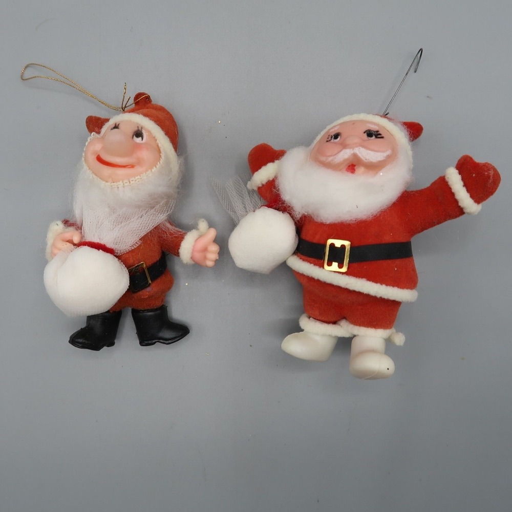 2 Vintage Santa Claus Flocked Blow Mold Christmas Holiday Ornament 3" set